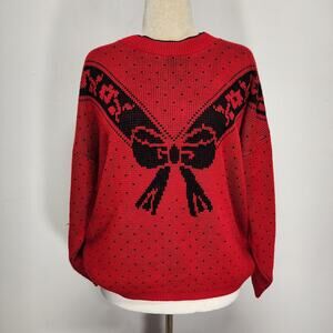 Classic Essentials Womens Red Bow Hearts Pattern Sweater Size 42 Vintage 80s Mom